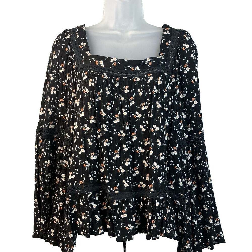 Loveriche Square Neck Top 2X Boho Bell Sleeve Crinkle Gauzy Romantic Cottagecore